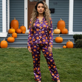 Halloween Print Theme Long Satin Purple Pajama Set