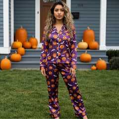 Halloween Print Theme Long Satin Purple Pajama Set