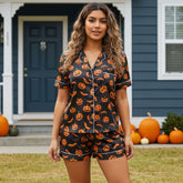 Jack-O’-Lantern Halloween Satin Pajamas – Black Short PJS Set