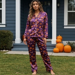 Halloween Print Theme Long Satin Purple Pajama Set