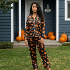 Halloween Party Pajama Set – Black Satin Pumpkin Long Sleeve PJs