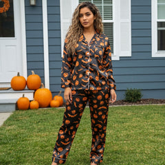 Halloween Party Pajama Set – Black Satin Pumpkin Long Sleeve PJs