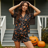 Spooky Night Satin Halloween Black Short Pajamas - Matching Sleepwear
