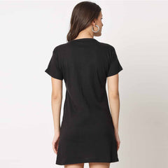 Black long T-shirt dress shown from the back.