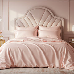 Premium dusty rose pink satin bedsheets with fan-style tufted headboard