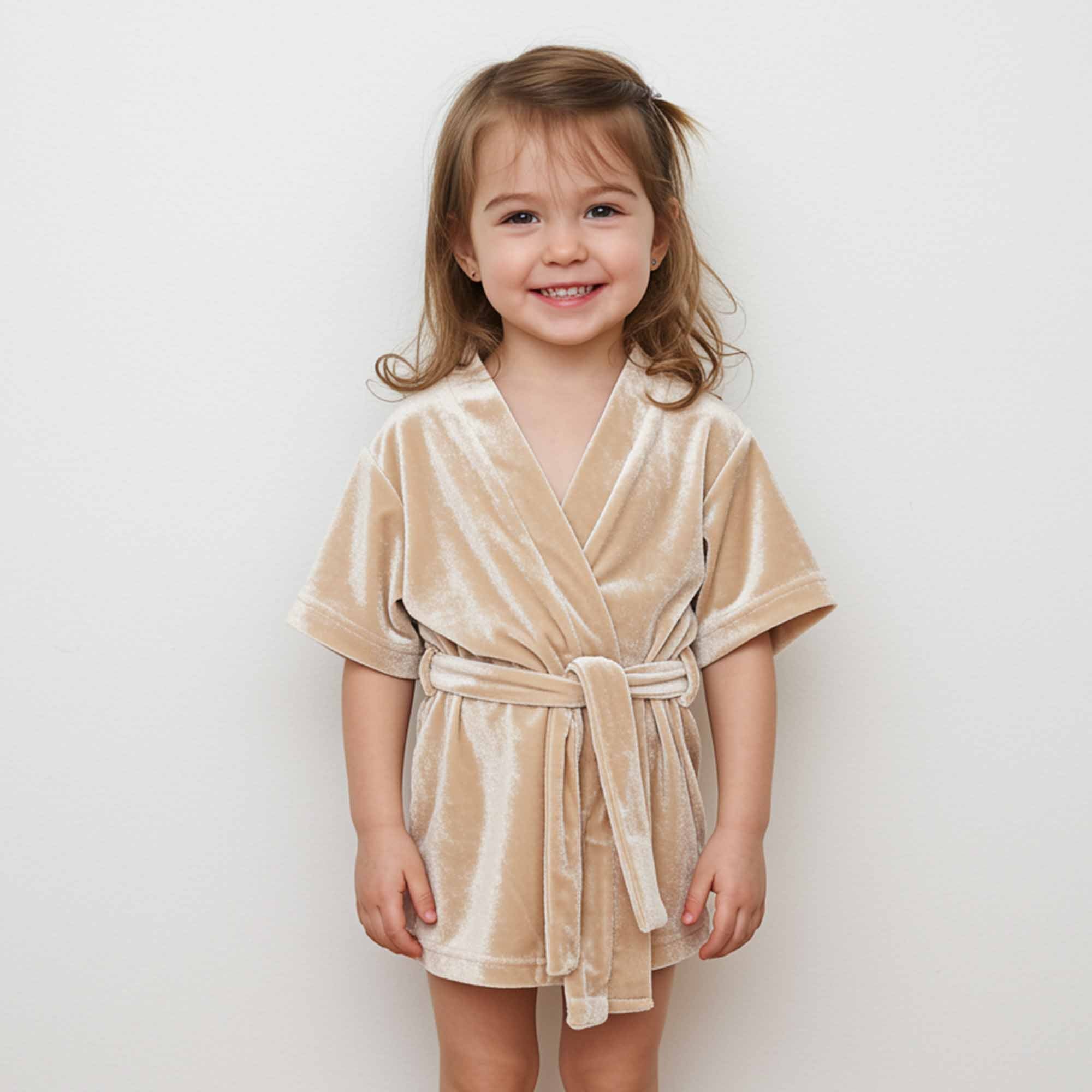 wearing a short-sleeve beige velvet robe with a belt