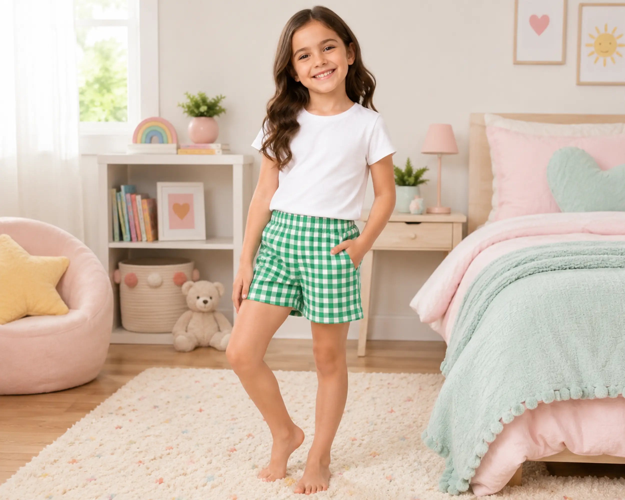 Smiling young girl posing in a pastel-themed kids bedroom while wearing green and white gingham shorts paired with a plain white t-shirt. The gingham shorts feature an evenly spaced check pattern, elastic waistband, lightweight cotton fabric, relaxed casual fit, and soft breathable comfort, photographed with cozy bedroom décor, pastel cushions, soft rugs, and bright natural daylight
