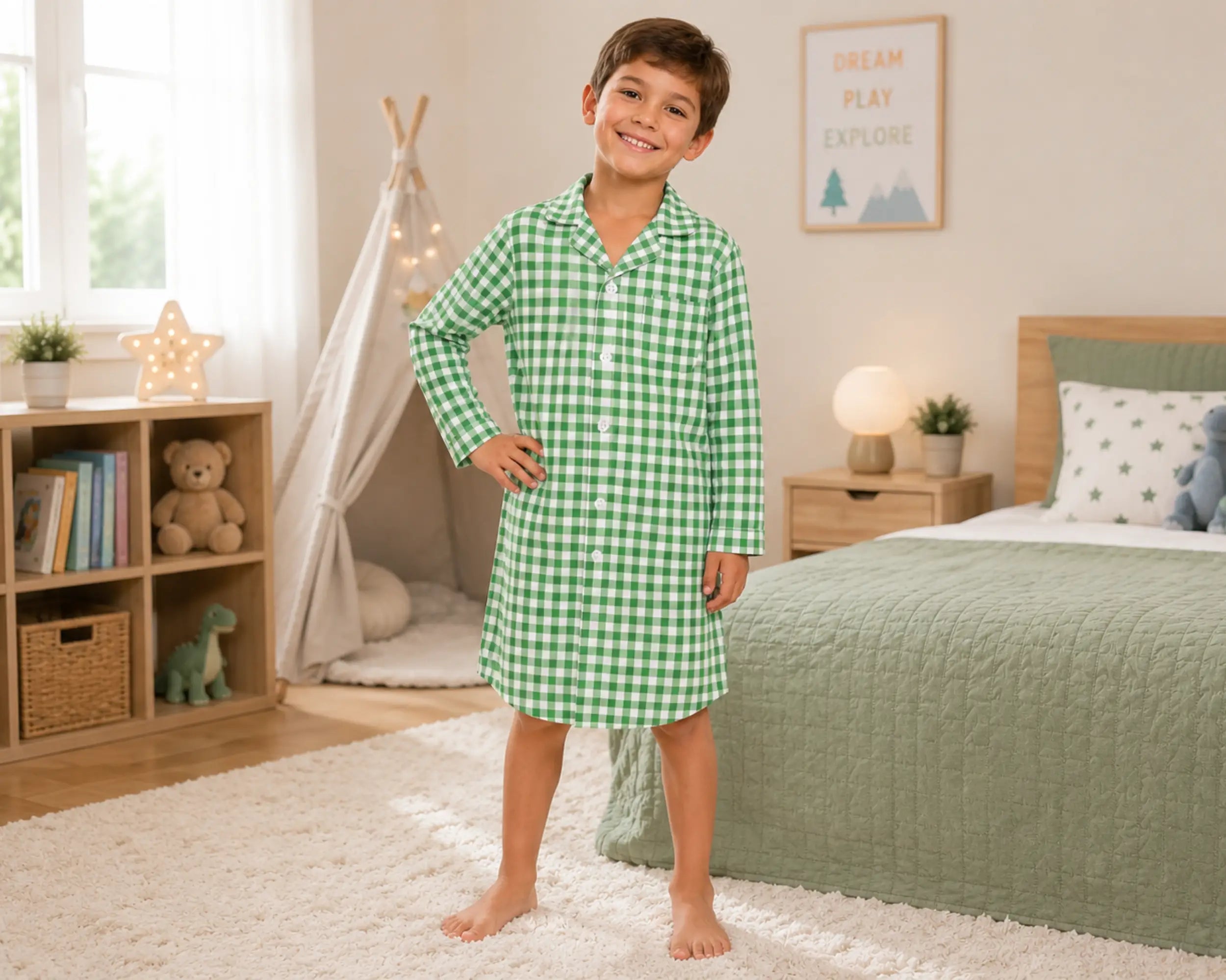 Happy young boy posing confidently in a cozy modern bedroom while wearing a green gingham sleepshirt with long sleeves and front button closure. The gingham sleepshirt features a green-and-white evenly aligned check pattern, soft lightweight fabric, relaxed sleepshirt silhouette, classic collared pajama styling, and comfortable everyday sleepwear design, photographed with warm bedroom décor, wooden furniture, teepee tent, soft lighting, and playful kids room aesthetics