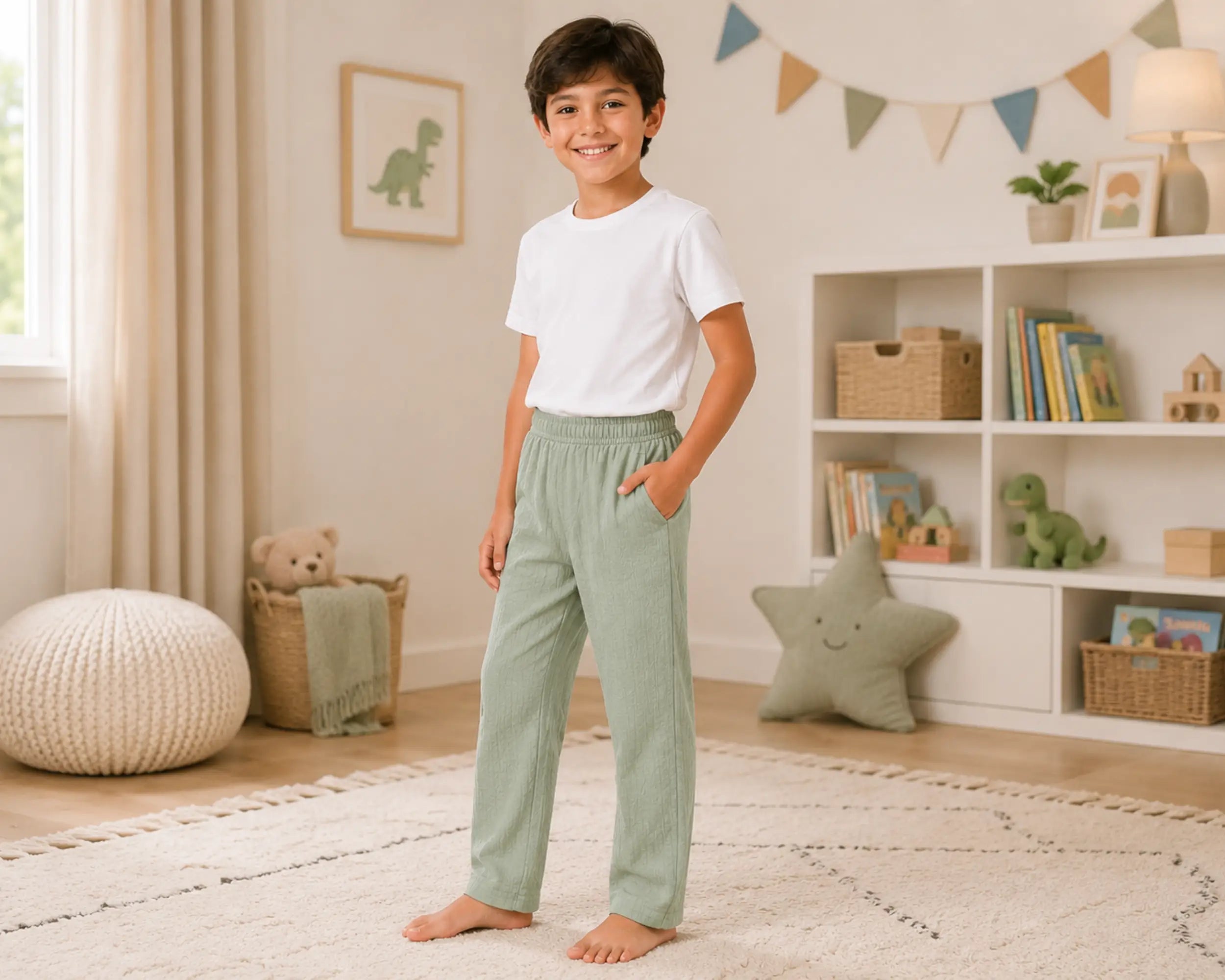 Young boy standing barefoot in a cozy kids bedroom wearing soft sage green muslin pants with a white t-shirt. The relaxed-fit pants feature an elastic waistband and lightweight textured fabric, styled in a warm neutral playroom setting with soft décor, shelves, plush toys, and natural lighting