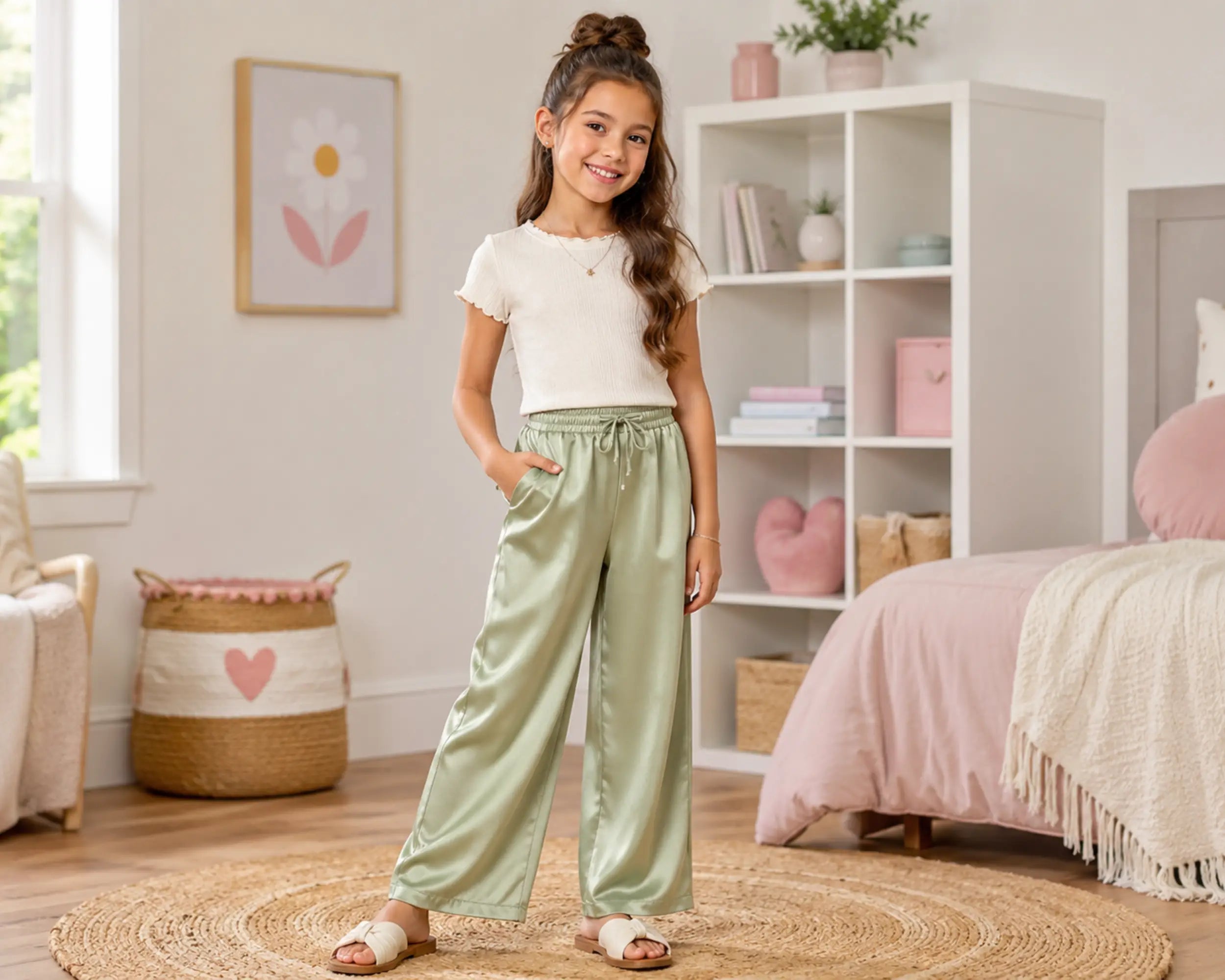 Smiling young girl posing in a pastel bedroom wearing sage green satin pants with a cream short-sleeve top. The elegant satin pants feature a loose straight-leg fit, smooth shiny texture, adjustable drawstring waistband, and comfortable everyday styling, photographed in a soft pink-toned kids room with decorative shelves, woven rug, and cozy décor