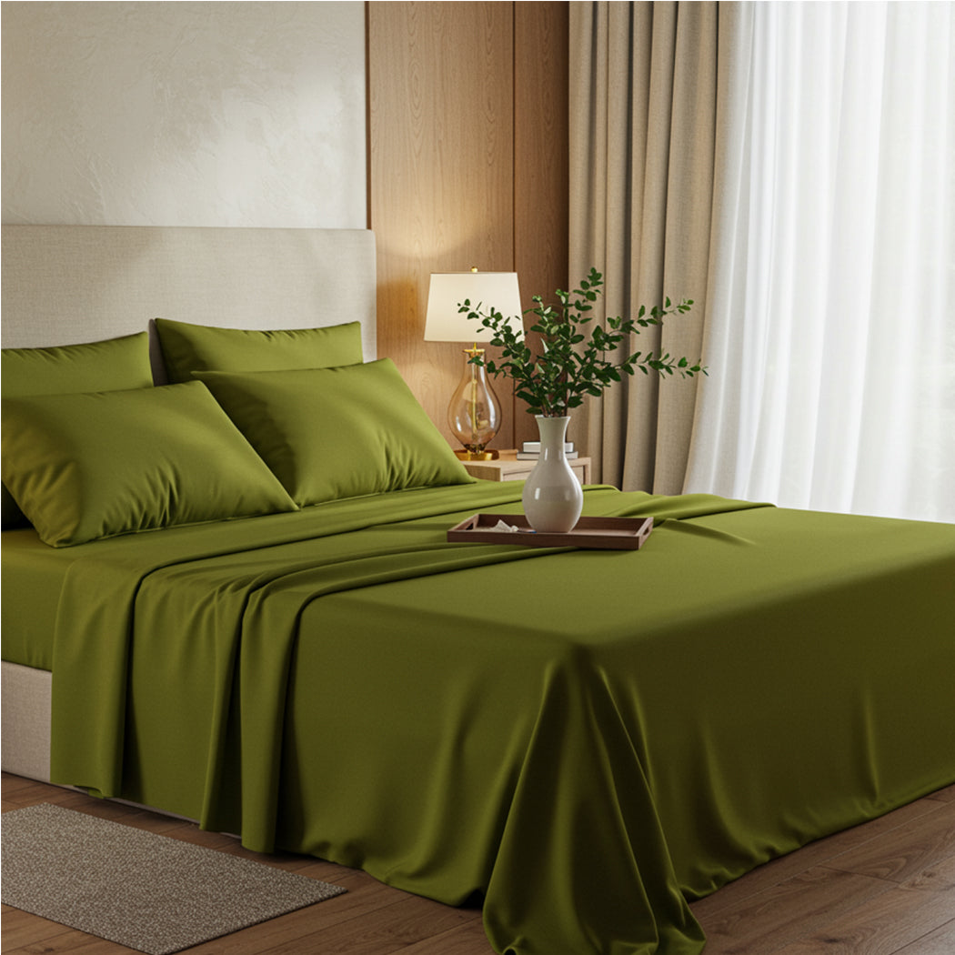 Modern olive green matte-satin bedding set in a contemporary bedroom