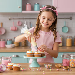 Little girl wearing a pink polka dot apron while decorating cupcakes in a pastel colored kitchen