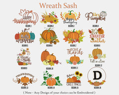 Personalized 100% Cotton Embroidery Thanksgiving Wreath Sash