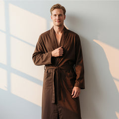 Man wearing a brown cotton bathrobe