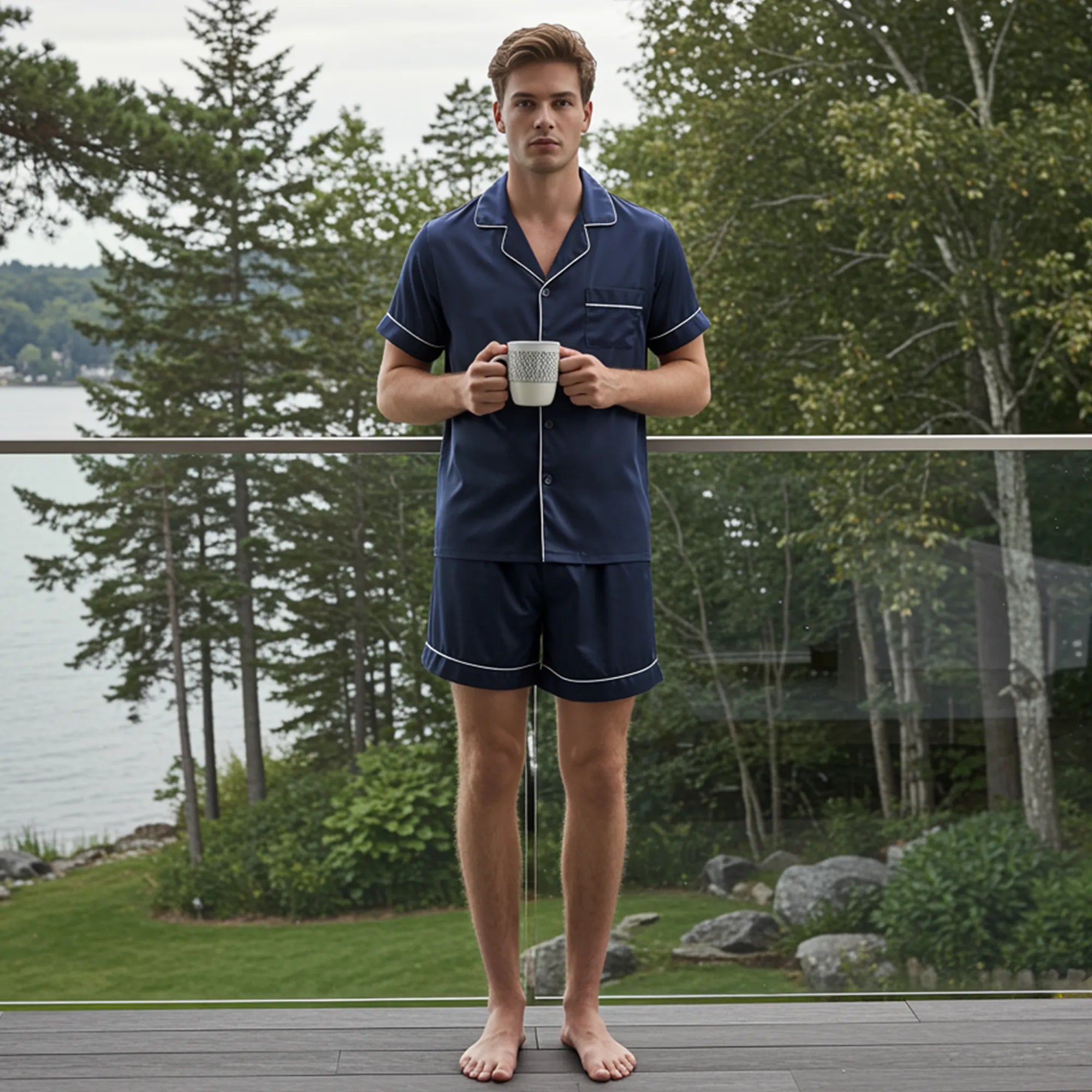 Man standing on a rooftop with urban buildings and greenery in the background
