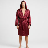 Men’s maroon satin hooded bathrobe