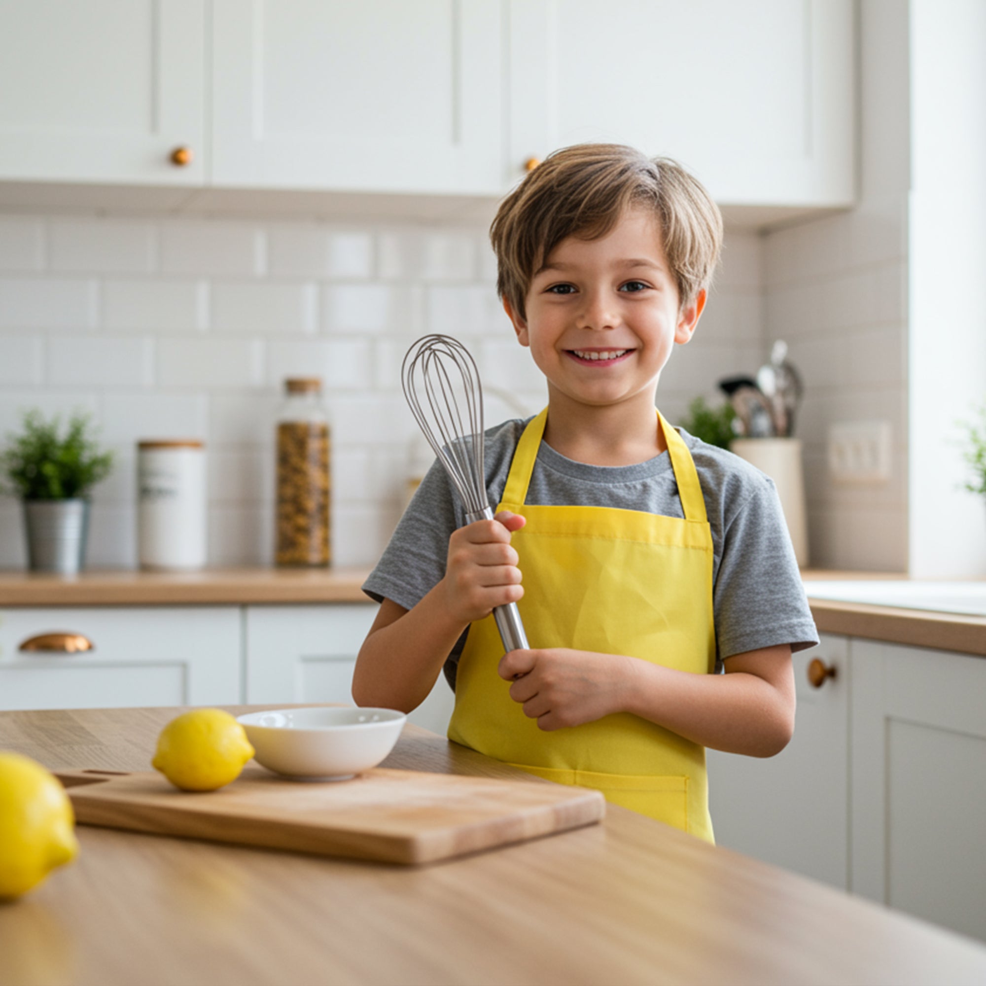 child baker holding whisk with yellow kids apron