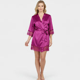 Women’s purple satin short robe with lace