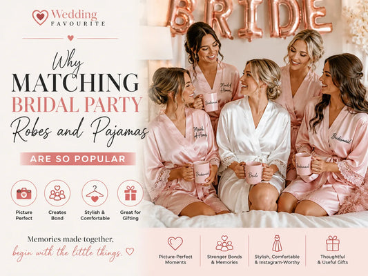 Bridesmaids and bride wearing matching satin robes and bridal pajamas while celebrating together with personalized mugs, bridal décor, soft blush wedding styling, and cozy getting-ready moments