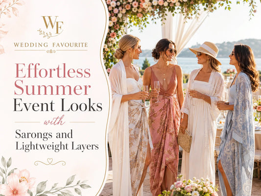 Wedding Favourite summer event style graphic featuring women in sarongs and lightweight layers at a coastal celebration with elegant floral branding