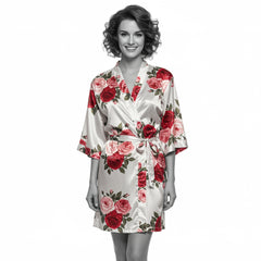 Women’s Silk-Feel Flower Print Robe – Soft Satin Short Bathrobe