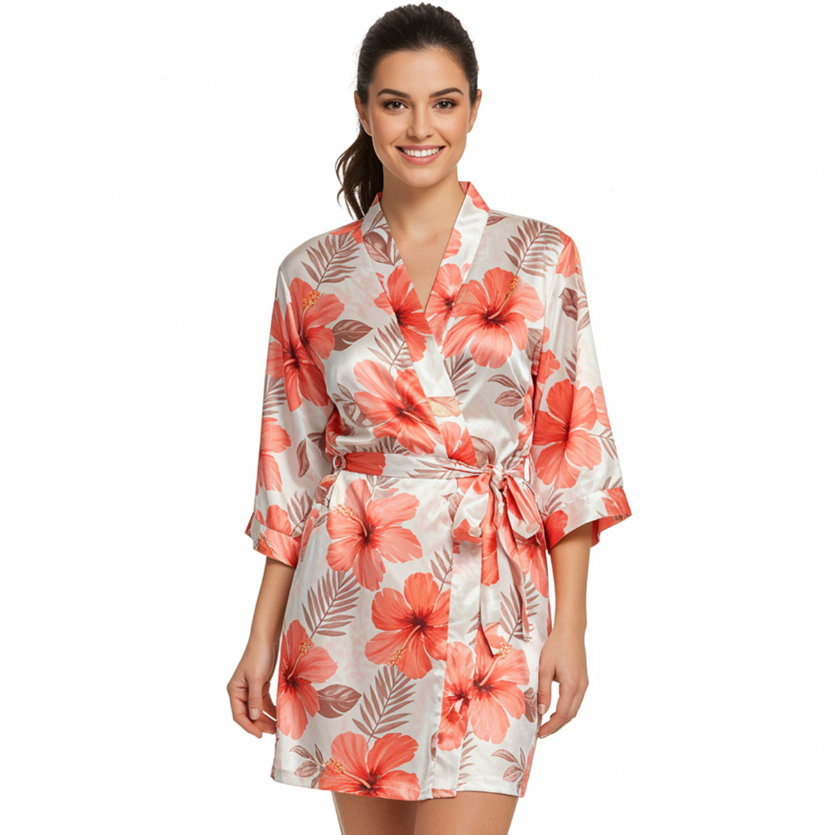 Women’s Silk-Feel Flower Print Robe – Soft Satin Short Bathrobe