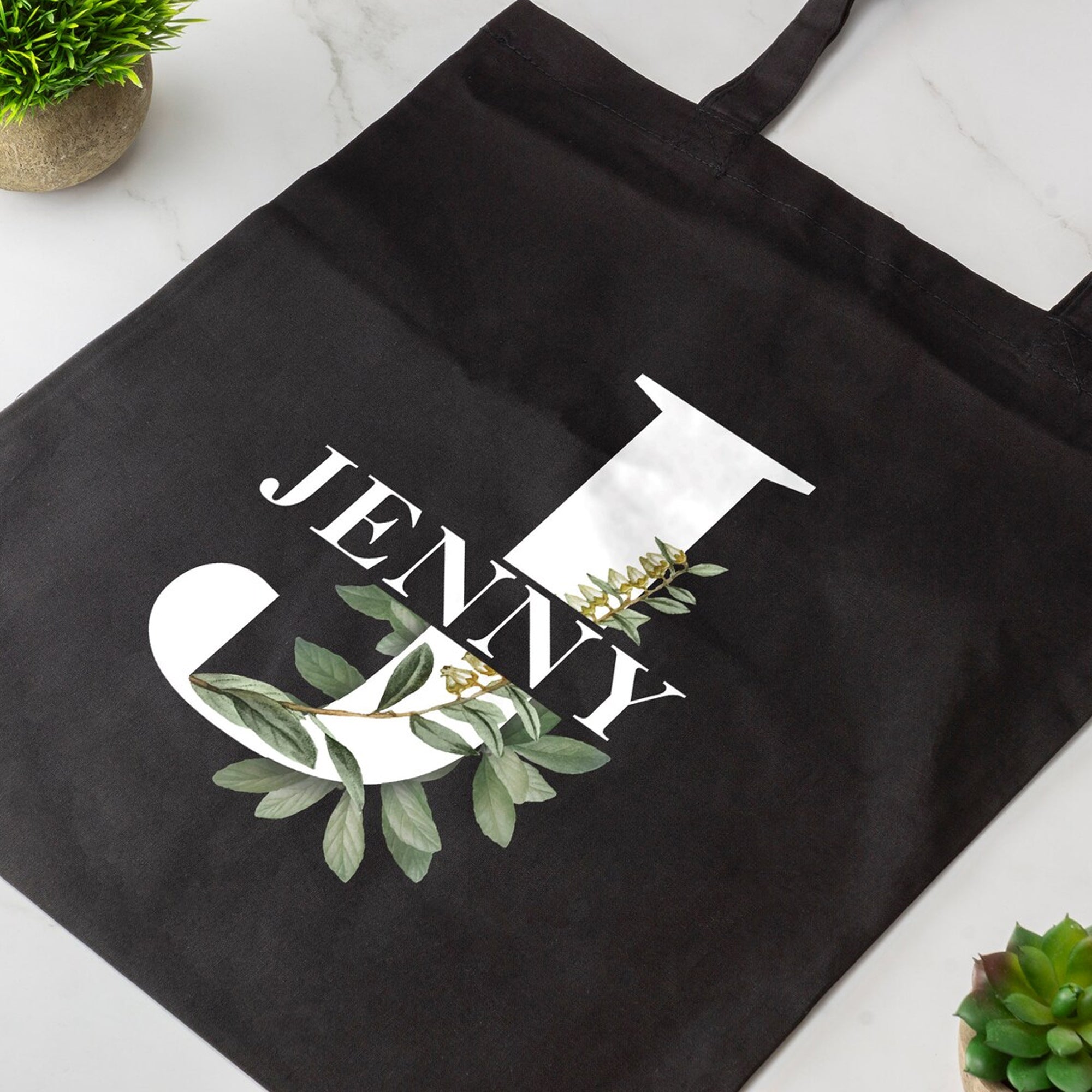 Personalized Floral Initial Printed Canvas Tote Bag for Her