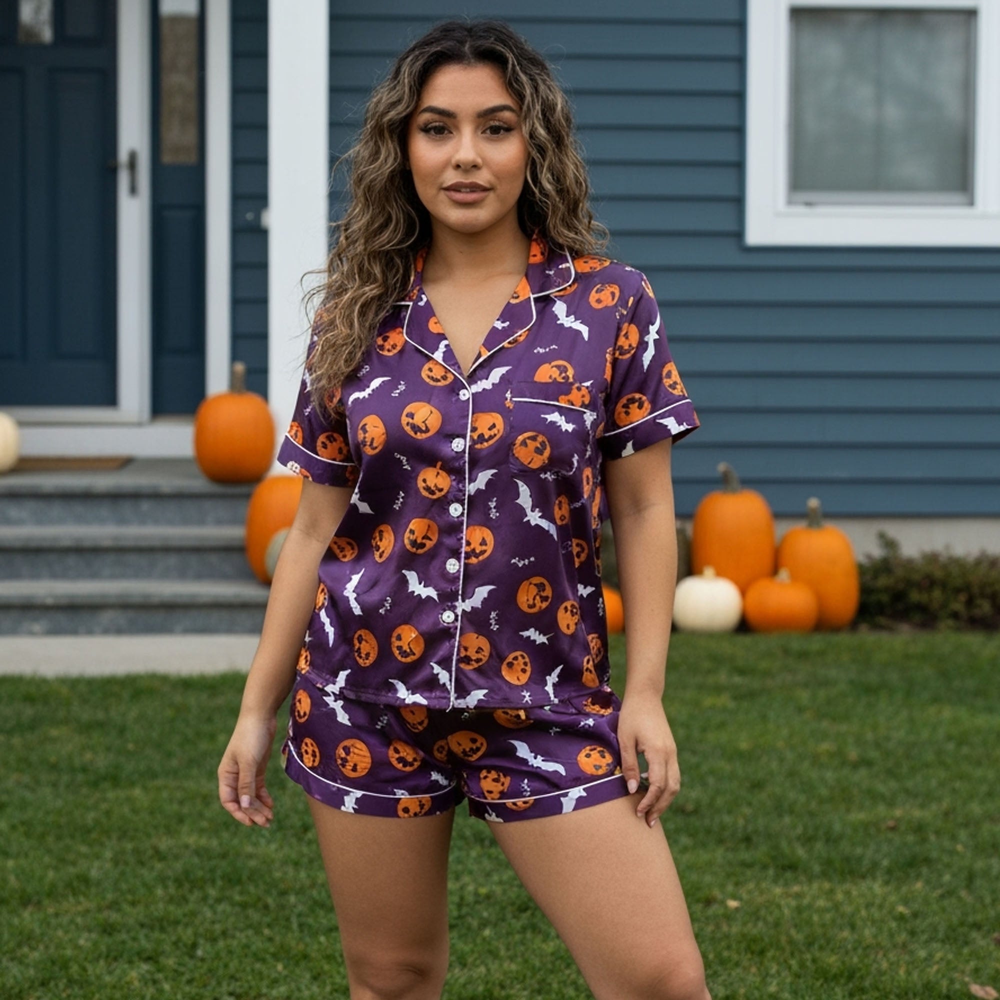 Purple Satin Short Pajama Set for Halloween Party