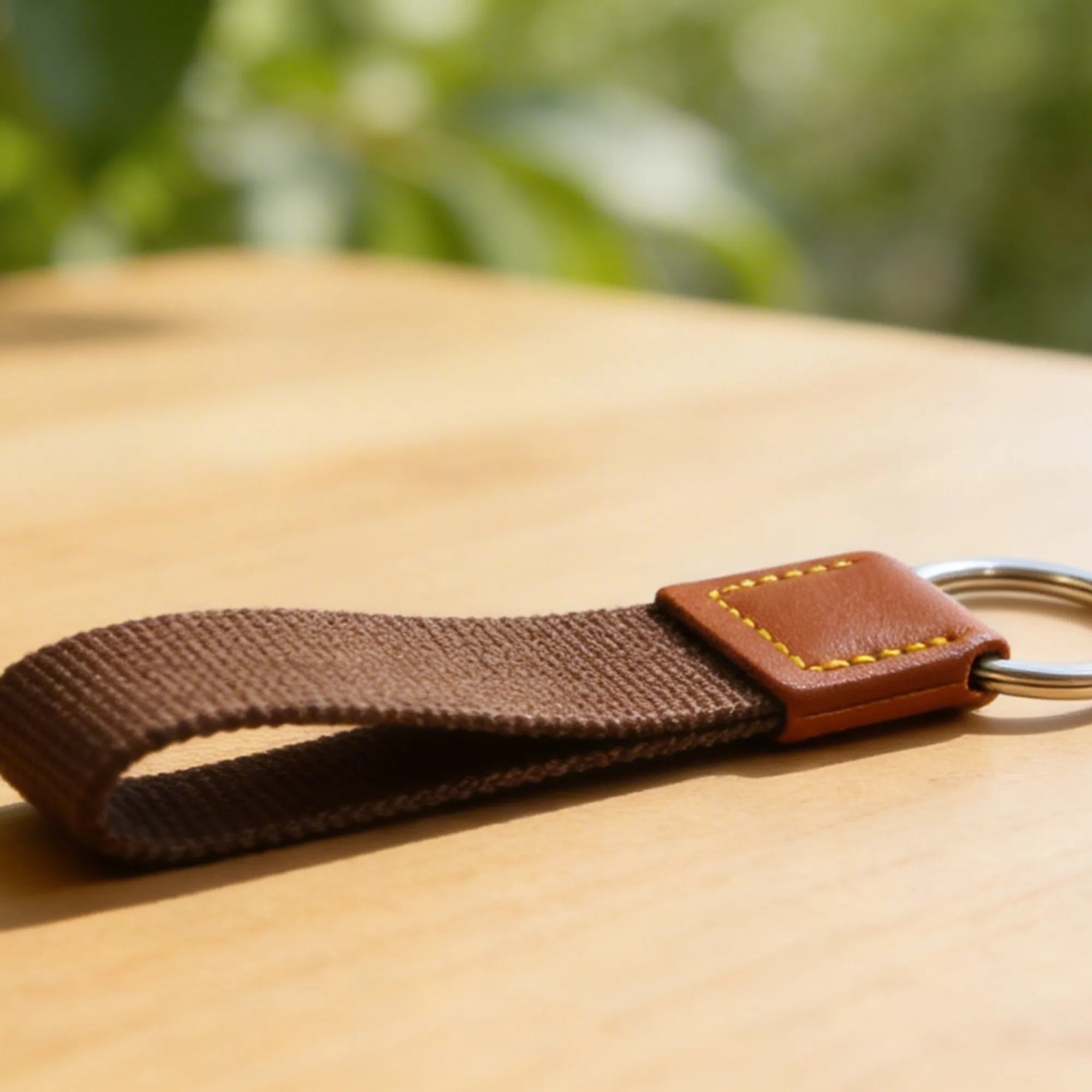 Brown woven keychain with leather accent on a wooden surface with greenery in the background