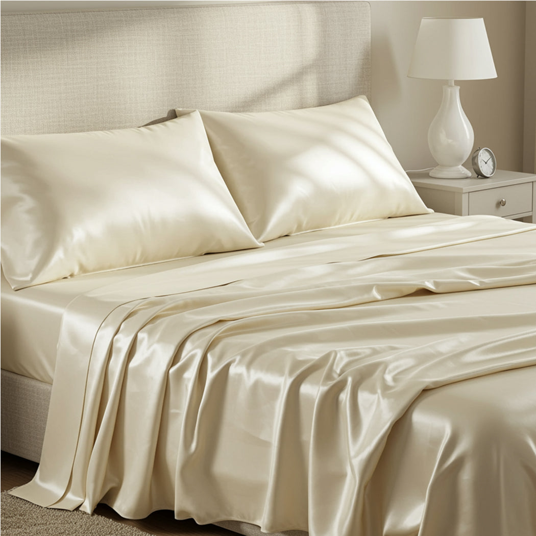 Elegant ivory champagne silk-satin bed sheets with high-shine finish
