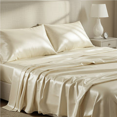 Elegant ivory champagne silk-satin bed sheets with high-shine finish