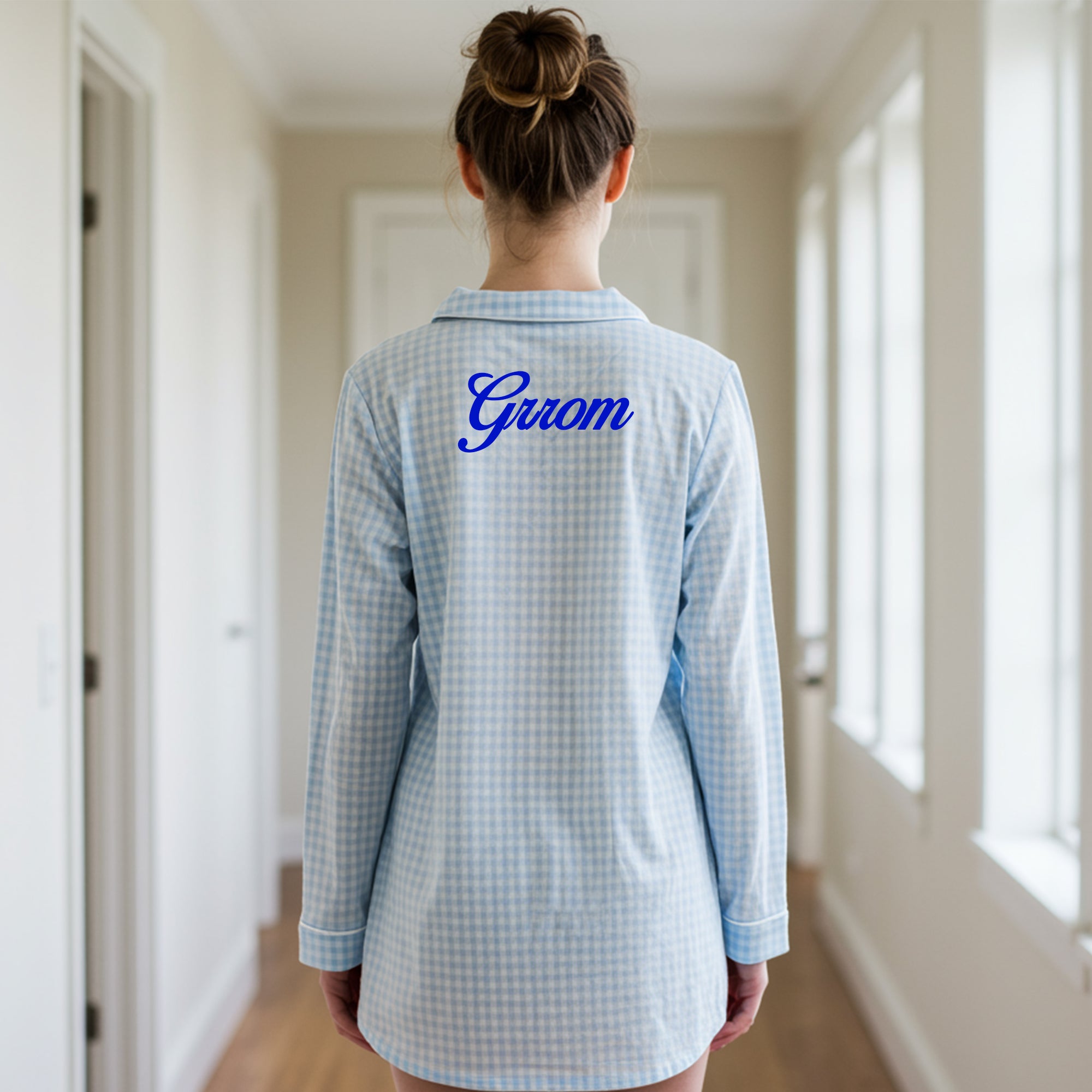 Blue gingham long sleeve nightshirt with dark navy Flower Girl script embroidery
