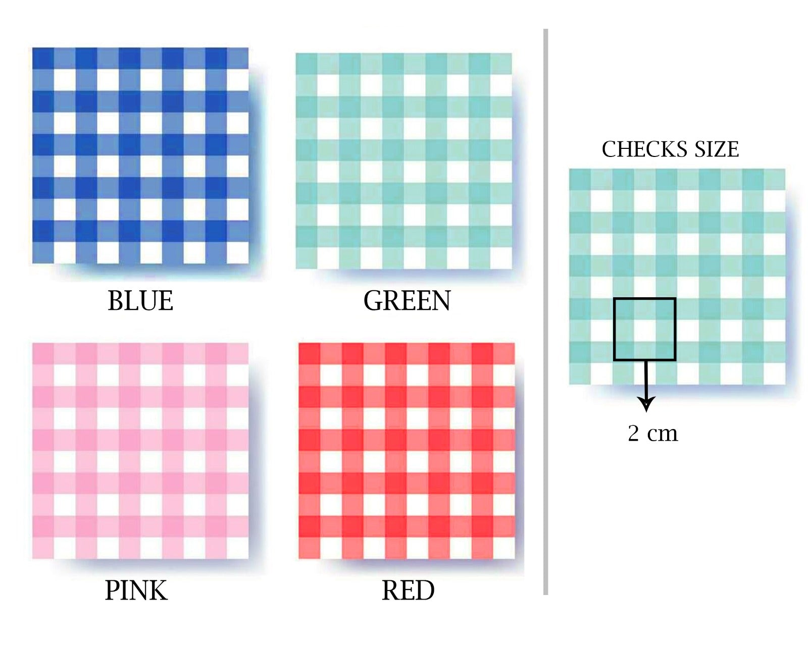 Color swatches of blue, green, pink, and red checkered patterns with a scale indicator.