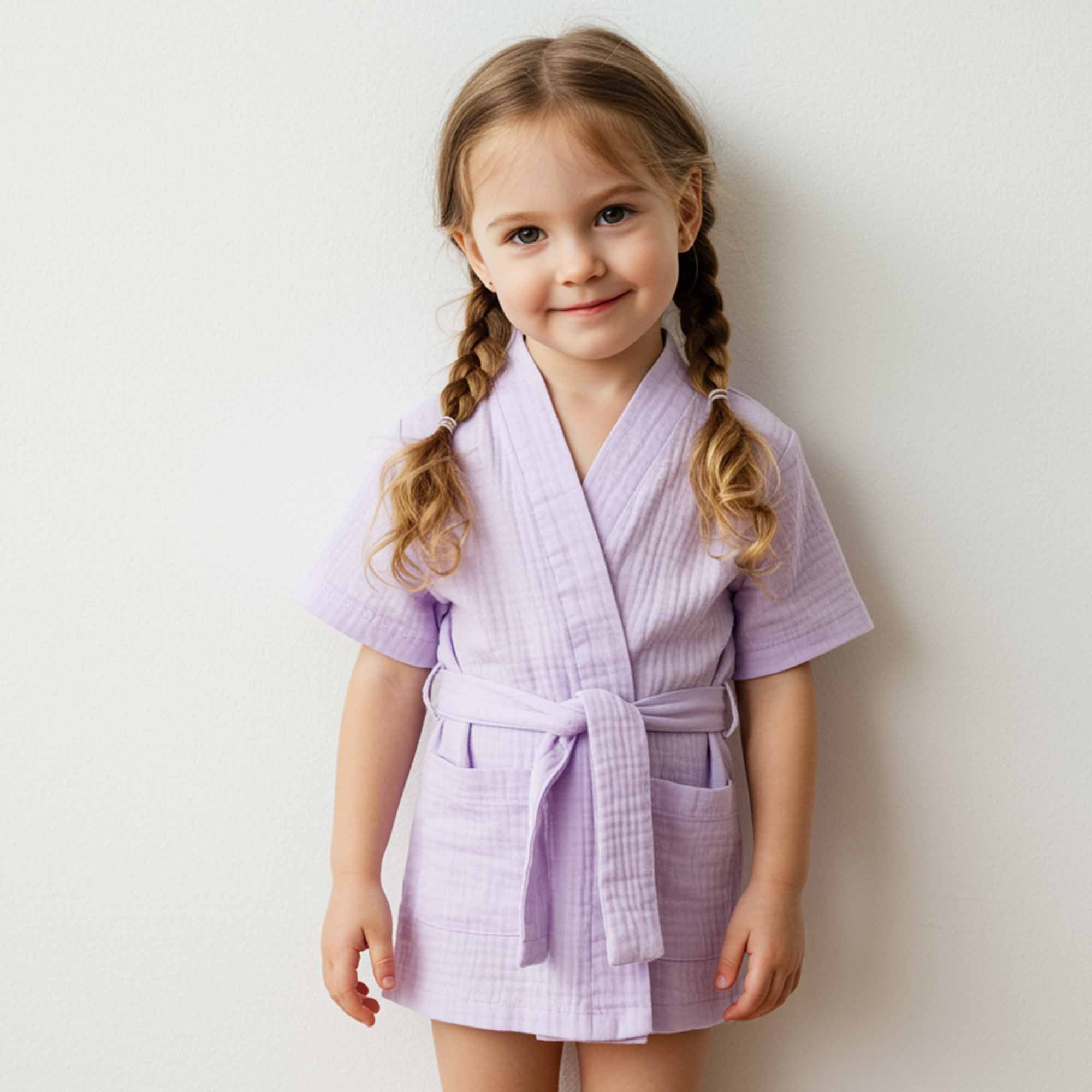 Young girl wearing a light purple cotton robe