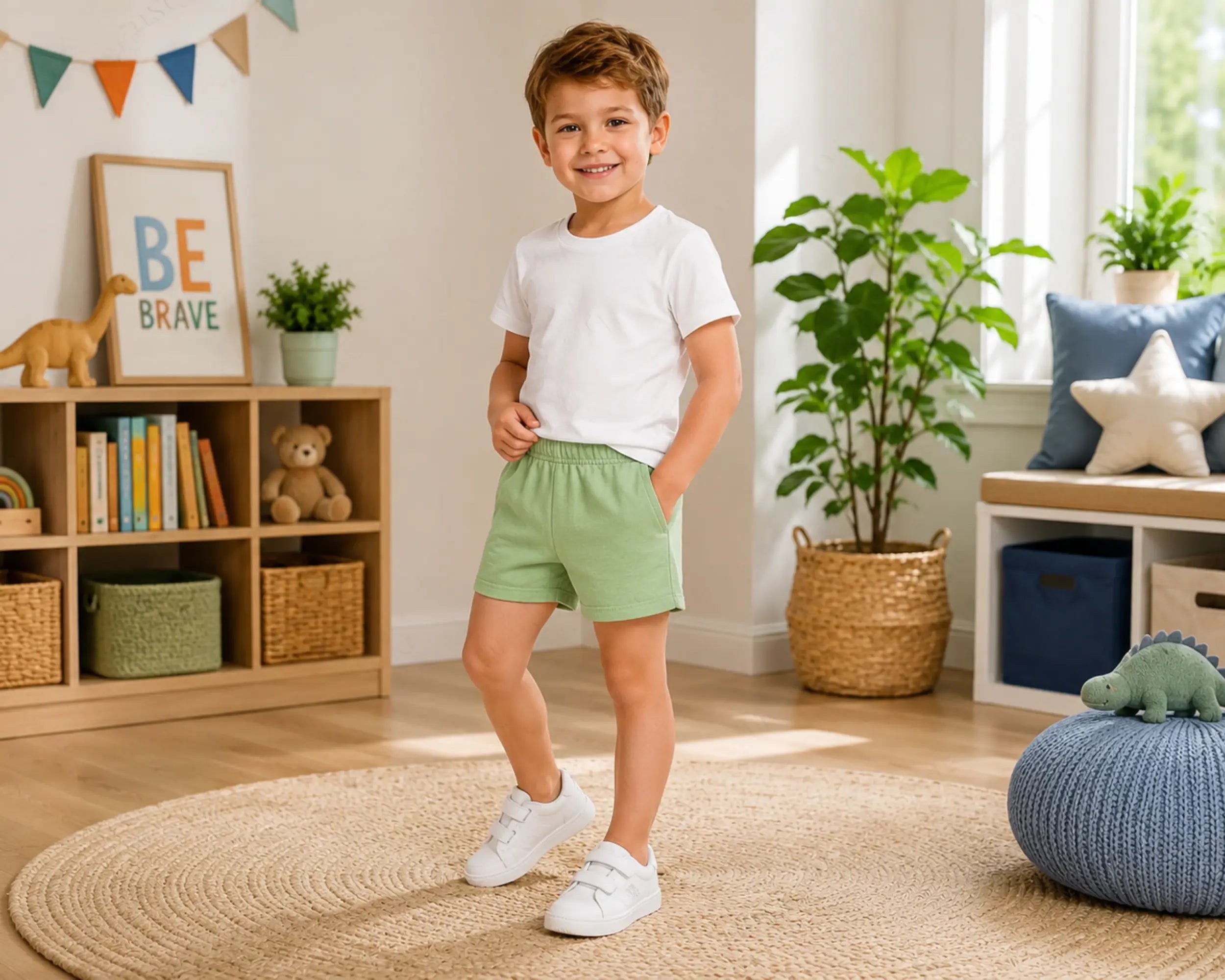 Young boy smiling in a bright modern kids bedroom while wearing sage green cotton shorts paired with a plain white t-shirt and white sneakers. The soft cotton shorts feature a comfortable elastic waistband, breathable lightweight fabric, relaxed everyday fit, and casual summer styling, photographed with playful nursery décor, woven storage baskets, indoor plants, and warm natural sunlight