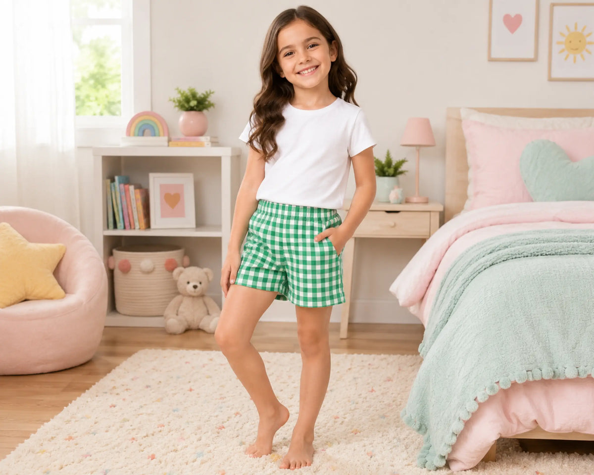 Smiling young girl posing in a pastel-themed kids bedroom while wearing green and white gingham shorts paired with a plain white t-shirt. The gingham shorts feature an evenly spaced check pattern, elastic waistband, lightweight cotton fabric, relaxed casual fit, and soft breathable comfort, photographed with cozy bedroom décor, pastel cushions, soft rugs, and bright natural daylight