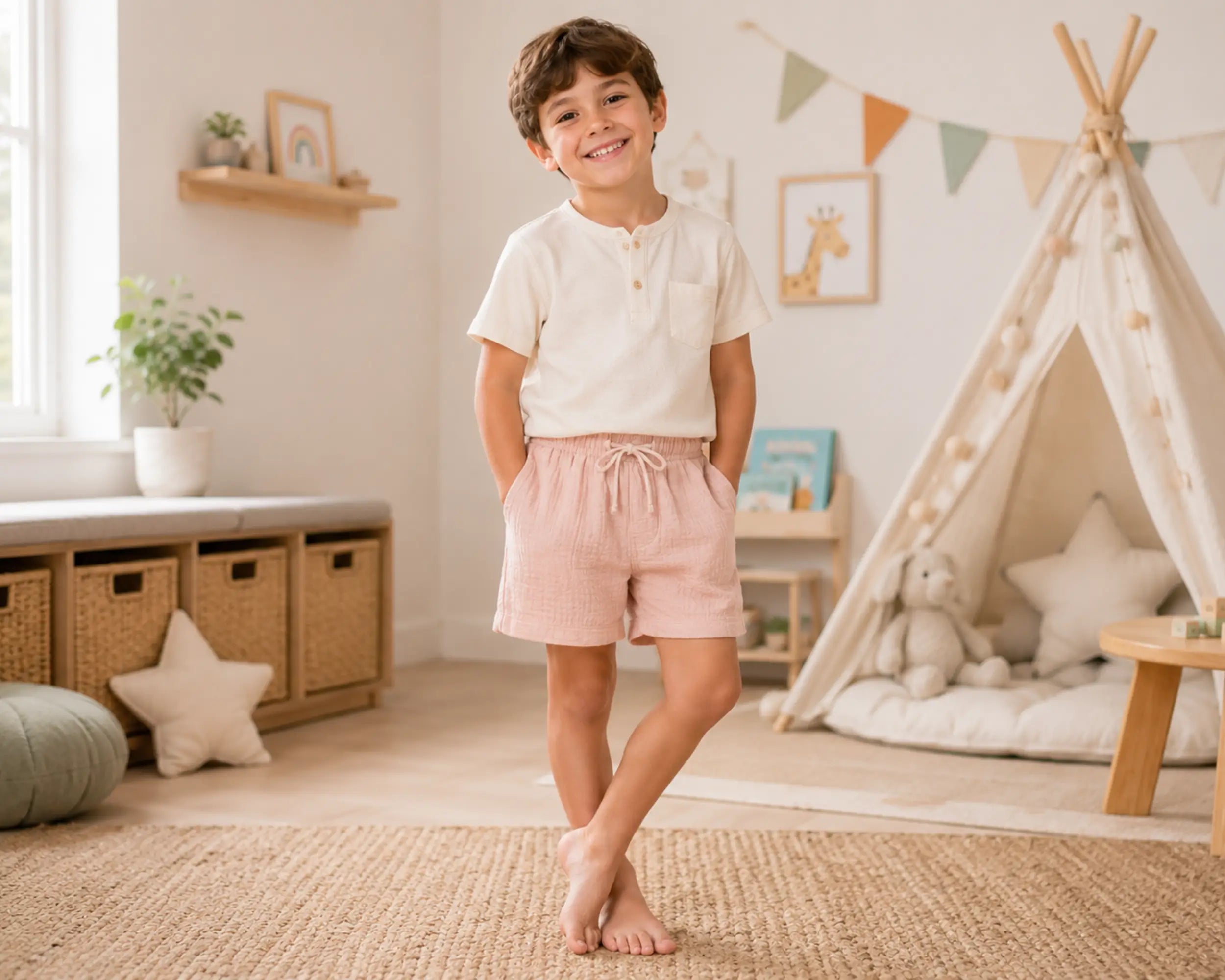 Happy young boy standing barefoot in a warm neutral-toned playroom while wearing blush pink muslin shorts with a cream henley t-shirt. The muslin shorts feature soft breathable double-layer muslin fabric, relaxed fit, elastic drawstring waistband, lightweight comfort, and casual lounge styling, photographed with teepee décor, woven textures, soft natural lighting, and cozy indoor surroundings