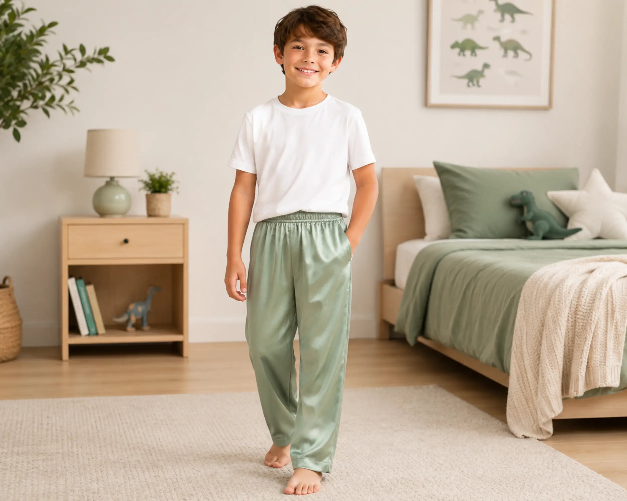 Young boy walking barefoot in a modern kids bedroom while wearing sage green satin pants paired with a plain white t-shirt. The silky satin pants feature a soft elastic waistband, relaxed fit, and glossy fabric finish, styled in a cozy neutral bedroom with green bedding, wooden furniture, and playful dinosaur décor