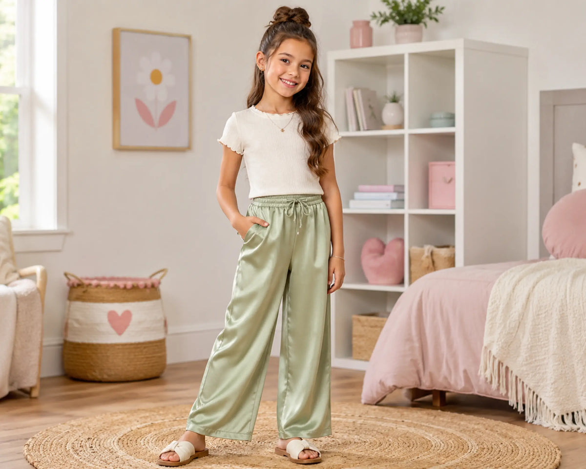 Smiling young girl posing in a pastel bedroom wearing sage green satin pants with a cream short-sleeve top. The elegant satin pants feature a loose straight-leg fit, smooth shiny texture, adjustable drawstring waistband, and comfortable everyday styling, photographed in a soft pink-toned kids room with decorative shelves, woven rug, and cozy décor