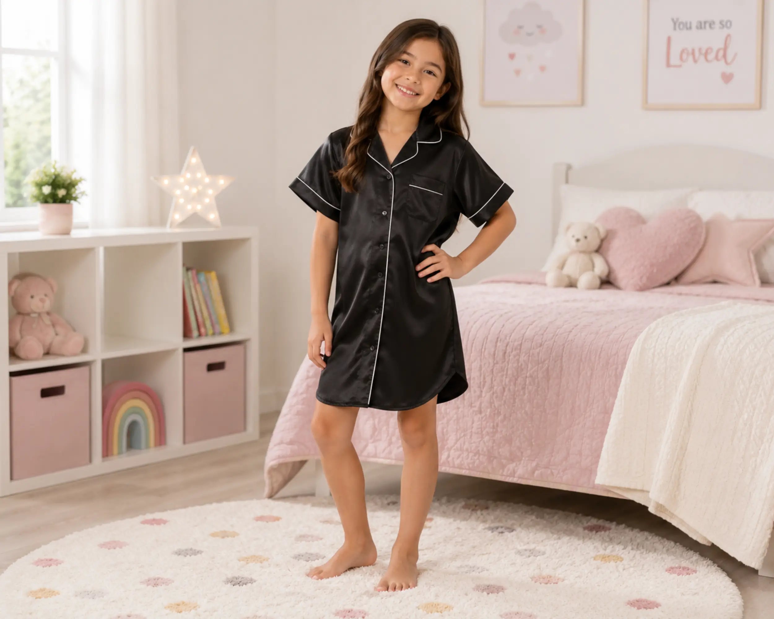 Smiling young girl standing barefoot in a cozy pastel bedroom while wearing a black satin sleepshirt with white piping, short sleeves, button-front pajama styling, and relaxed above-knee silhouette. The satin sleepshirt features glossy satin fabric, smooth silky texture, lightweight comfortable sleepwear styling, elegant contrast piping details, and soft luxury nightwear appearance, photographed with pink bedding, plush teddy décor, glowing star light, and warm modern bedroom ambiance