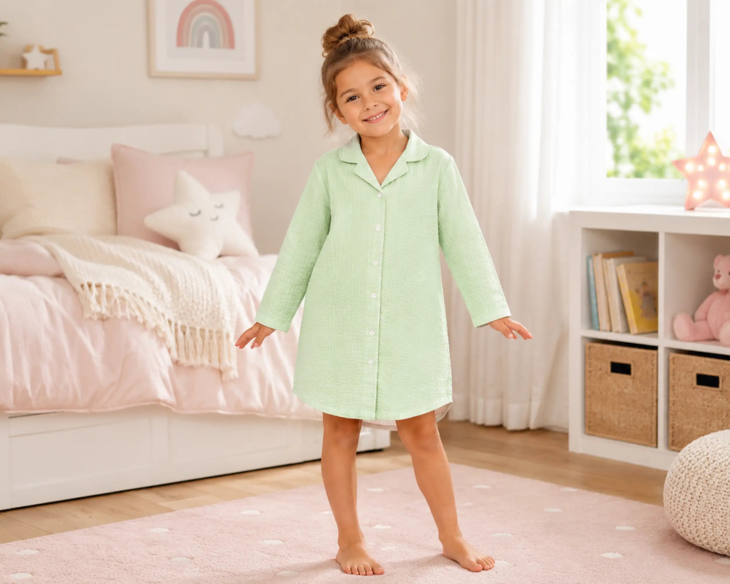 Smiling young girl standing barefoot in a bright pastel bedroom while wearing a mint green seersucker sleepshirt with long sleeves, button-front closure, classic collar, and relaxed above-knee silhouette. The seersucker sleepshirt features lightweight textured fabric, signature puckered seersucker texture, breathable comfort, soft sleepwear styling, and casual everyday loungewear appeal, photographed with pink bedding, rainbow wall décor, plush accents, and a cozy modern kids bedroom setting