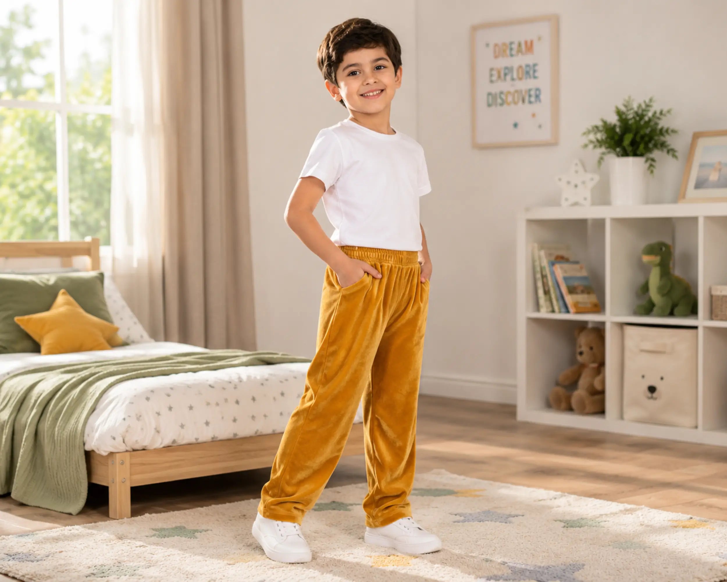 Smiling young boy posing confidently in a modern kids bedroom wearing mustard gold velvet pants with a plain white t-shirt and white sneakers. The premium velvet pants feature a rich velvety finish, comfortable elastic waistband, soft relaxed fit, and stylish everyday loungewear look, styled with wooden furniture, playful décor, and warm natural lighting