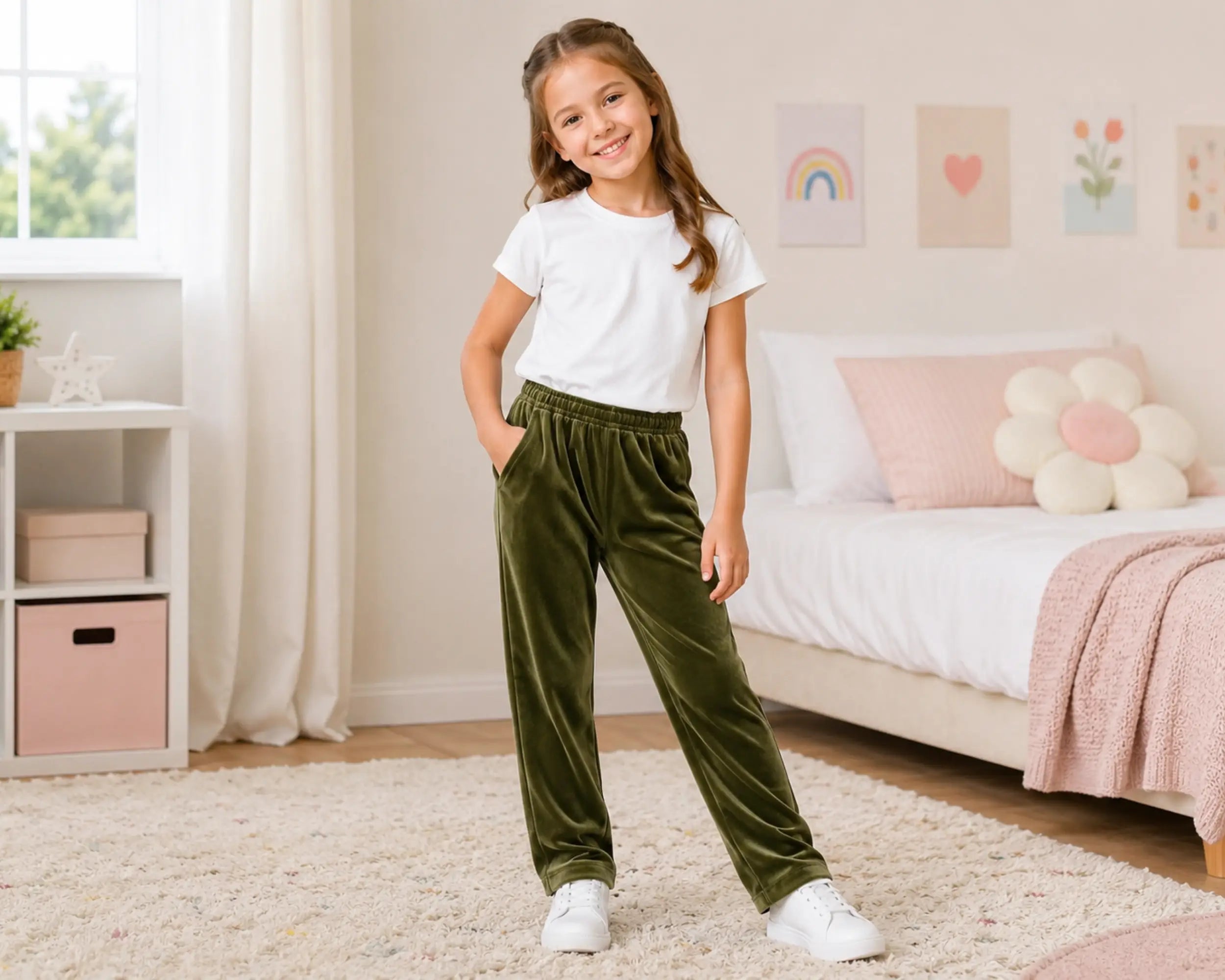 Young girl smiling in a soft pastel bedroom while wearing olive green velvet pants paired with a plain white t-shirt and white sneakers. The luxurious velvet pants feature a soft plush texture, elastic waistband, relaxed straight-leg fit, and cozy everyday comfort styling, photographed in a bright kids bedroom with blush bedding, floral cushions, and neutral décor