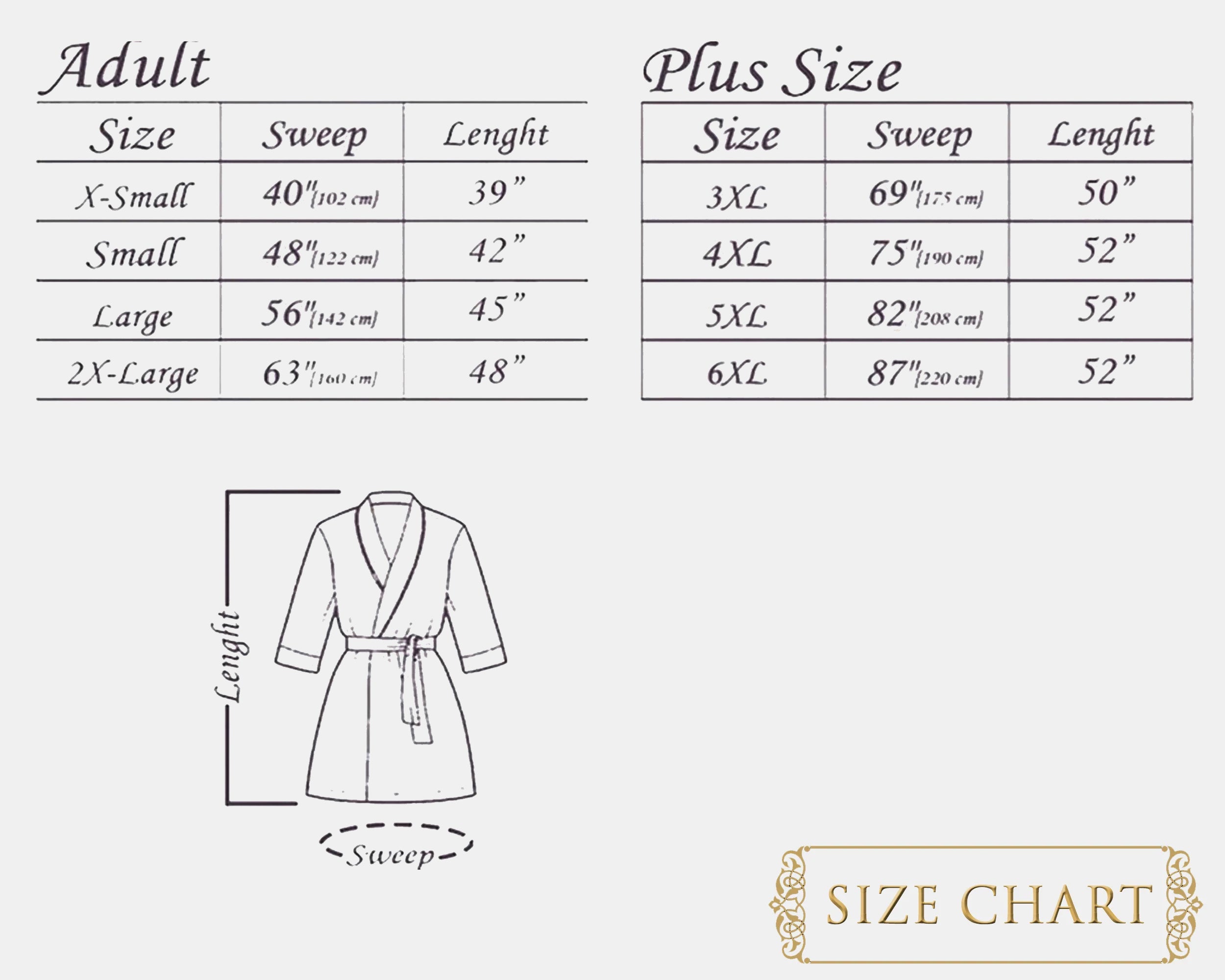 Size chart for robes with measurements in inches and centimeters.