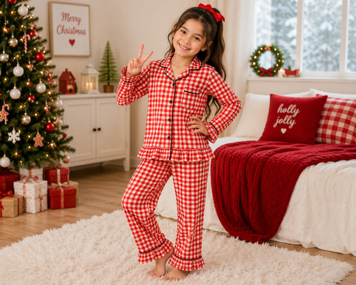 Kids Gingham Ruffle Long Pajamas – Wedding Favourite