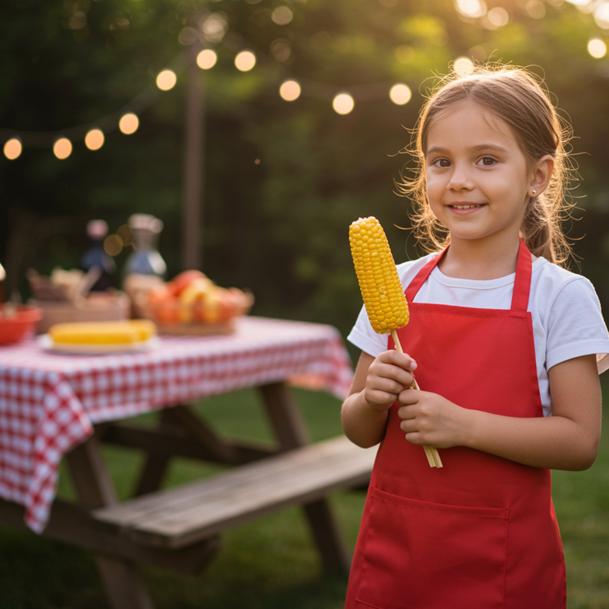 Smiling girl in a vibrant red apron holding corn on a stick at a backyard picnic party