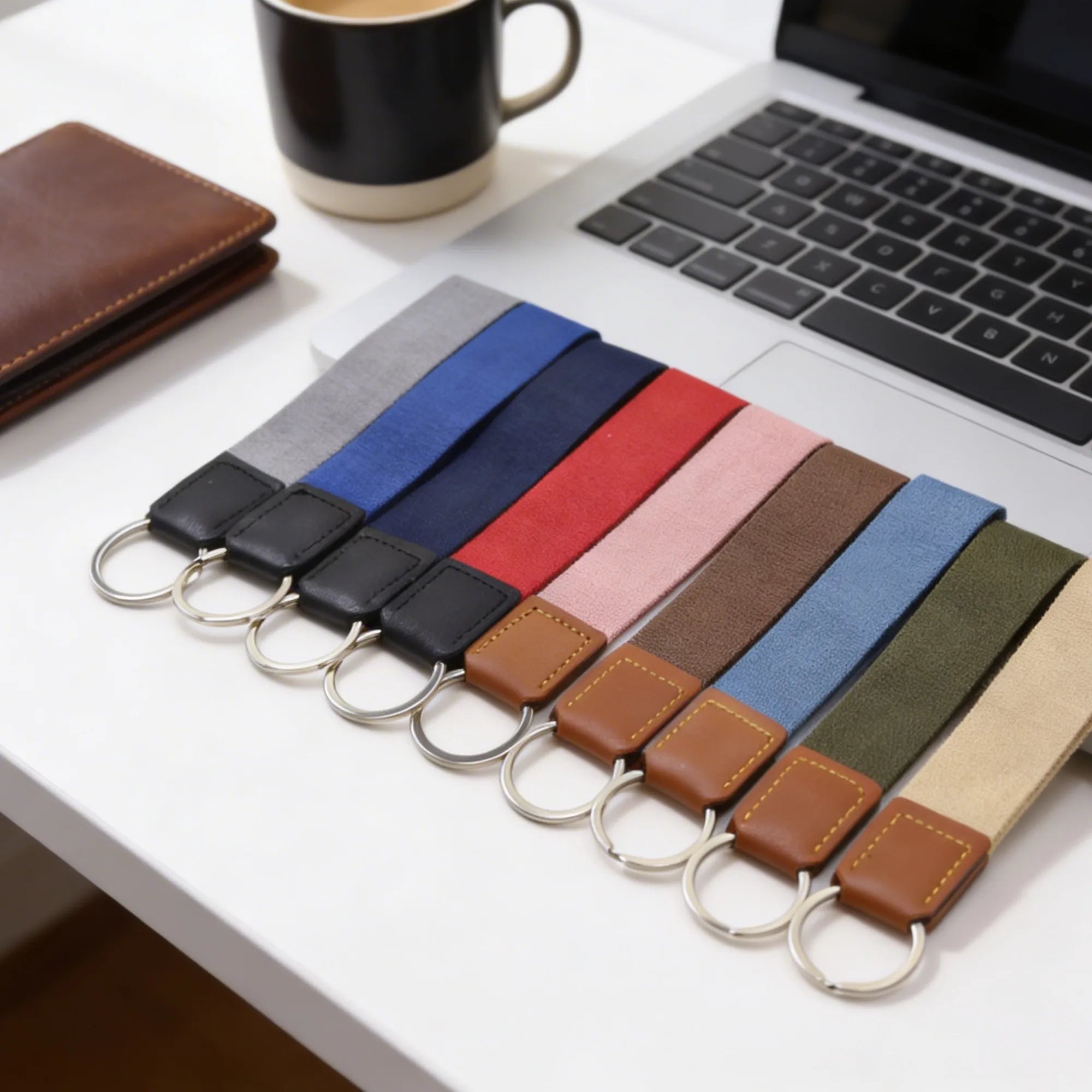 Set of colorful keychains on a desk with a laptop and coffee cup.