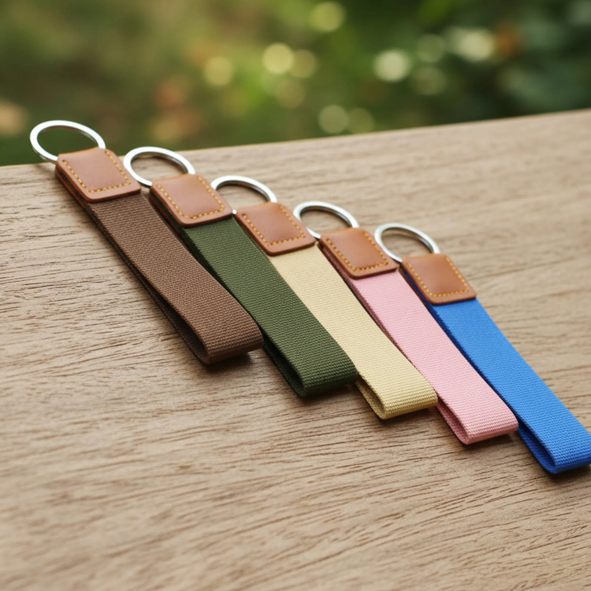 Set of colorful keychains with leather ends on a wooden surface