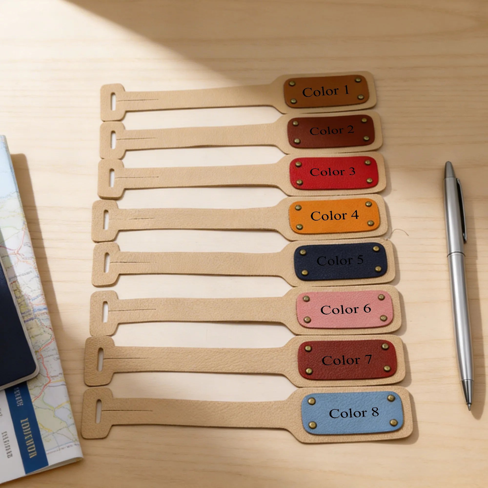 Set of eight wooden name tags with color labels on a wooden surface.