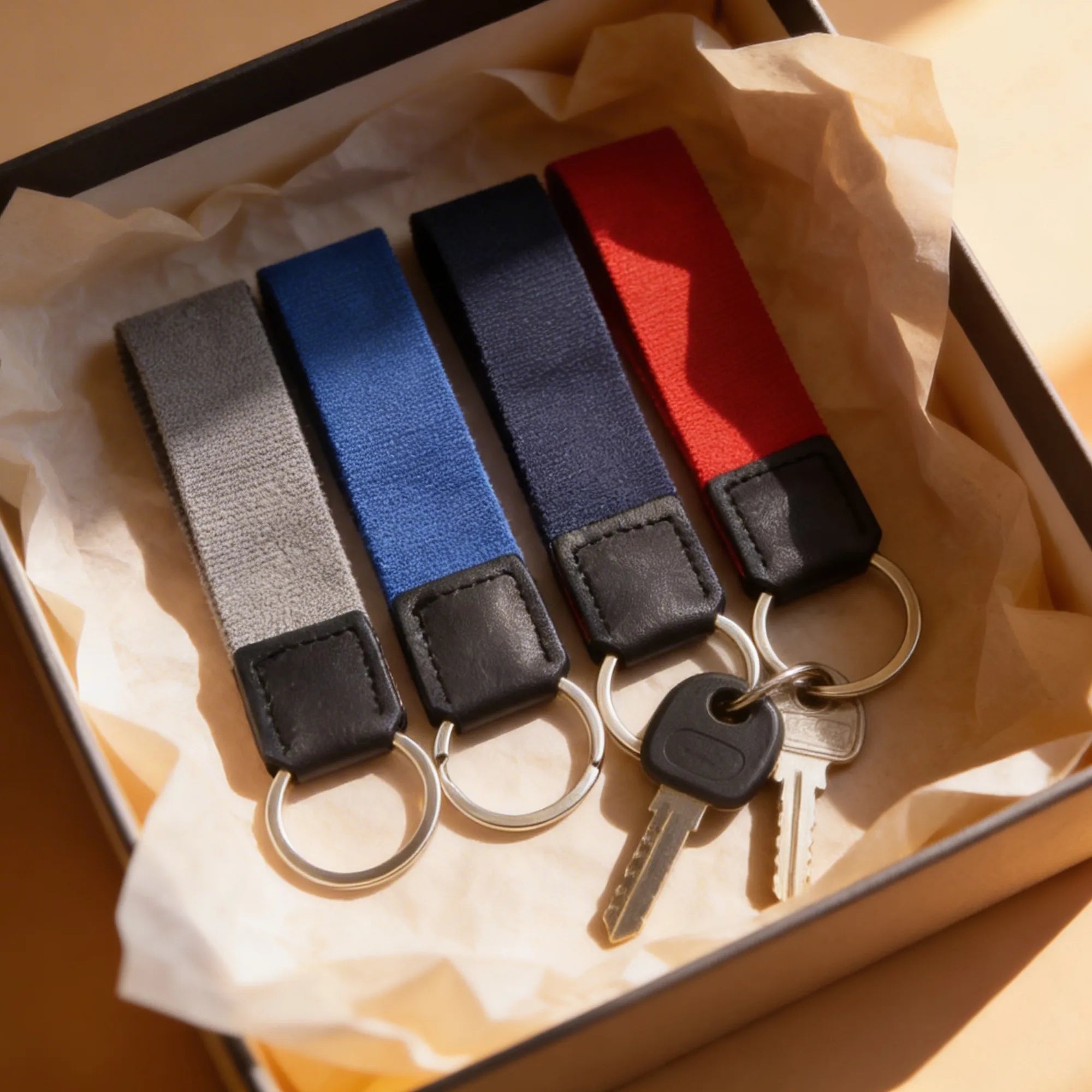 Set of keychains with colorful straps in a box